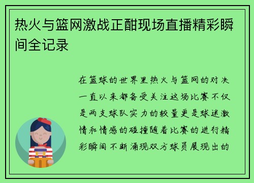 热火与篮网激战正酣现场直播精彩瞬间全记录